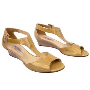 Jimmy Choo Shoes Tan Patent Leather T Strap Wedge Sandal Made in Italy Flawed 39